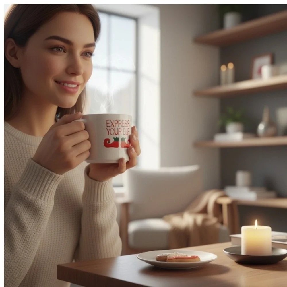 Crate And Barrel Express Your Elf Stoneware Coffee Cup Holiday‎ Christmas